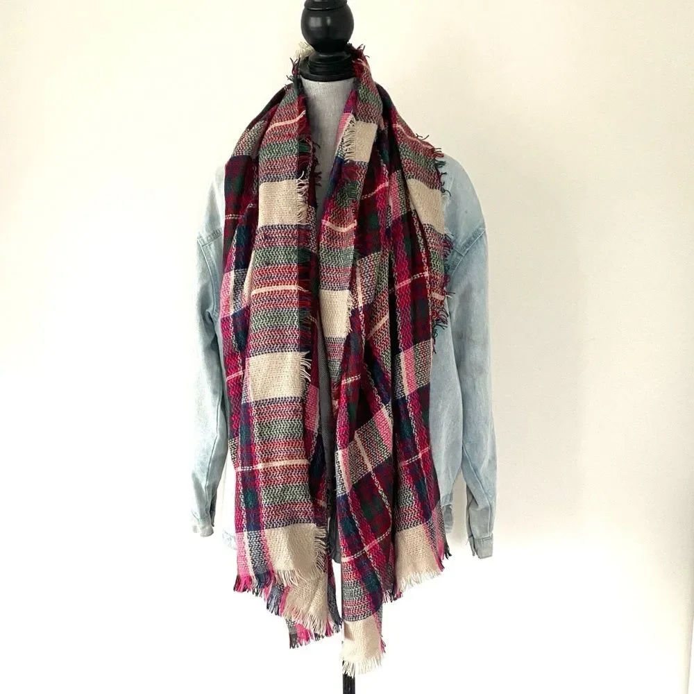 Pistil Soft Beige Red Green Oversized Scarf Casual Chic Boho Preppy Academia
